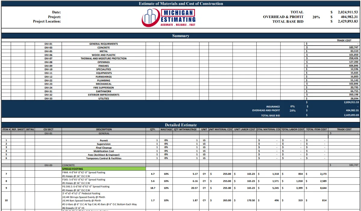 Michigan Estimating Sample Image
